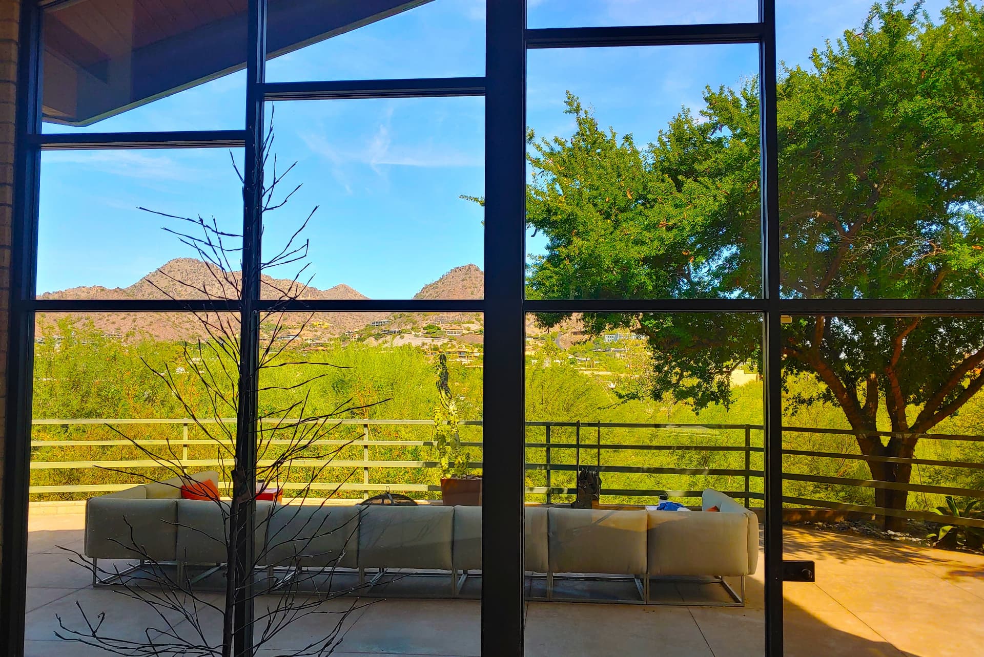 Clean patio doors with a Camelback Mountain view in Paradise Valley, Arizona